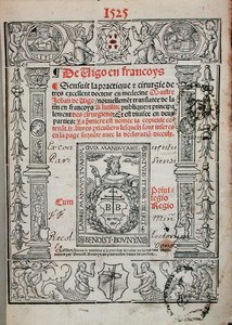 Titelseite eines Buches über Chirurgie von Jean de Vigo, 1525 (Holzschnitt) von French School