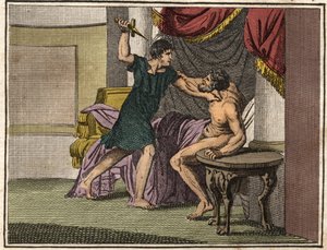 Titus Manlius Torquatus (Konsul im Jahr 347 v. Chr.) zwingt den Tribun Marcus Pomponius mit einem Messer, die gegen seinen Vater Lucius Manlius Capitolinus Imperiosus erhobenen Anschuldigungen zurückzunehmen
