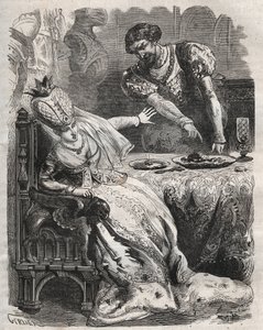 Um sich für die Untreue seiner Frau Gabrielle de Vergy zu rächen, lässt Eudes de Fayel sie unwissentlich das Herz ihres Liebhabers Raoul de Coucy essen. Szene einer Legende aus dem 12. Jahrhundert, nach der Raoul I. de Coucy (nach 1142-1191) verlangte, das