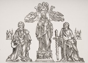 Grabdekoration, die Nicholas Flamel (ca. 1330-ca. 1418) und seine Frau Pernelle darstellt, nach Dekorationen auf dem Friedhof der Unschuldigen, Paris, aus Le Moyen Age et La Renaissance von Paul Lacroix (1806-84) von French School