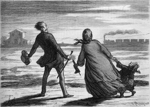 Zu spät! : eine Familie hat gerade ihren Zug verpasst. Karikatur von Honore Daumier (1808-1879). Gravur in „Le Monde Illustré“ Nr. 286 vom 4. Oktober von French School