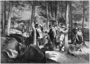 Touristen in den Schluchten von Apremont, nahe dem Eingang der Höhle, im Wald von Fontainebleau von French School
