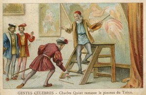 Handelskarte, die Charles Quint zeigt, wie er den Pinsel von Tizian aufhebt von French School