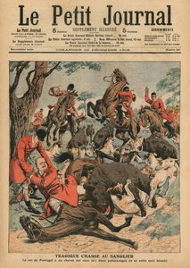 Tragische Wildschweinjagd, das Pferd von Carlos I., König von Portugal, wird unter ihm getötet, Titelillustration aus 