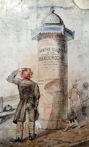 Landstreicher betrachtet ein Plakat, das Courtelines Stück 