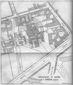 Transformationen von Paris unter dem Zweiten Kaiserreich, Haussmann Paris: geplanter Plan der Opéra Garnier in Paris im Jahr 1860. Gravur in „Le Monde Illustré“ Nr. 183 vom 13. Oktober 1860