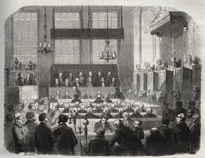 Prozess gegen William Palmer am Central Criminal Court im Mai 1856 wegen Vergiftung von John Parsons Cook in Rugeley - Gravur in „Causes celebres de tous peuples“ von Armand Fouquier
