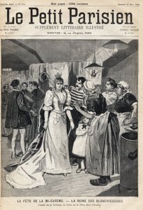 Anprobe im Atelier am Vorabend des Mi-Carême-Festes: die Königin der Bleichmittel. In der Zeitung „Le Petit Parisien“ am 12.03.1893 (Gravur) von French School