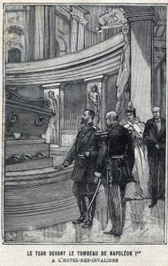 Zar Nikolaus II. von Russland und Zarin Alexandra Fjodorowna Romanowa vor dem Grab von Napoleon I. Bonaparte im Hôtel des Invalides in Paris, in "Le Petit Parisien" von French School