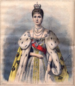 Zarin Alexandra von Russland in ihren Krönungsroben - Zarin Alexandra Fjodorowna im heiligen Kostüm. Illustration für Le Petit Journal, 24. Mai 1896 (Gravur) von French School