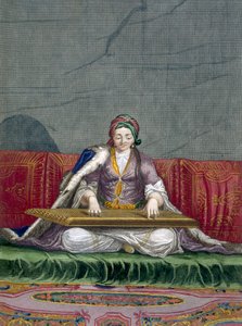 Türkisches Mädchen spielt ein Tasteninstrument, aus Collection of One Hundred Prints Representing the Different Nations of the Levant von Charles de Ferriol, graviert von Gerard Scotin (1671-1716)