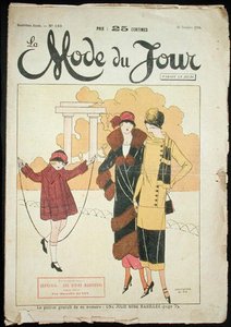 Zwei Frauen und ein kleines Mädchen in einem Park, Illustration aus 