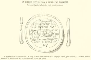 Ein Einladungsschreiben zum Abendessen von Hogarth (Gravur)