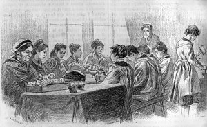 Ein Atelier für junge Mädchen in der Salpêtrière in Paris, in „Le Journal de la Jeunesse“ 1887.