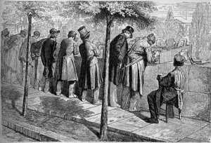 Ein "Bouquiniste" (Buchverkäufer) an den Ufern der Seine in Paris von French School