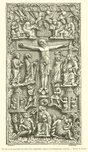 Eine Seite des Elfenbeinumschlags eines Evangeliums in der Kaiserlichen Bibliothek von French School