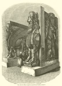 Ein Saal des neu gegründeten assyrischen Museums im Louvre (Gravur) von French School