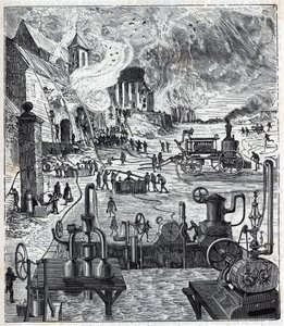 Verwendung verschiedener Pumpsysteme bei einem Brand im 19. Jahrhundert - Gravur in „Sciences mises à la portée de tous - Physik und Chemie“ von Alexis Clerc - Ende des 19. Jahrhunderts von French School