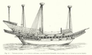 Schiff mit einer flämischen Inschrift und dem Datum 1523 auf dem unteren Deck, in der Armeria real in Madrid (Stich) von French School