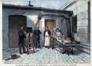 Verschiedene Fakten: das Foto der in Stücke geschnittenen Leiche durch den Dienst von Alphonse Bertillon (1853-1914), einem französischen Wissenschaftler, Schöpfer der Anthropometrie. - in „Le Petit Parisien“ von French School