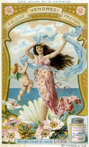Venus illustriert Freitag. Liebig Chromolithographische Werbekarte von French School