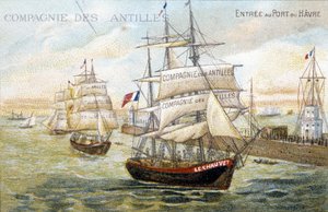Schiffe der Westindien-Kompanie im Hafen von Le Havre. 19. Jahrhundert Illustration aufbewahrt in der Stadtbibliothek von Dinan.