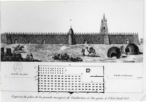 Ansicht und Plan der großen Moschee in Timbuktu, aus Journal dun voyage a Tombouctou von Rene Caillie, 1830 von French School