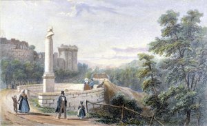 Ansicht von Schloss Dinan und der Statue von Duclos Pinot. Illustration des 19. Jahrhunderts im Museum von Dinan. von French School