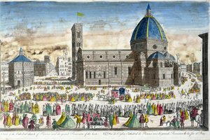 Ansicht der Kathedrale von Florenz und der großen Prozession des Gastgebers von French School
