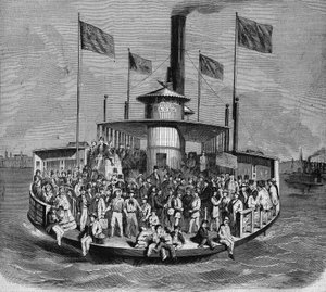 Ansicht eines Dampfers, der Verbindungen zwischen den Inseln und der Stadt New York herstellt. Gravur