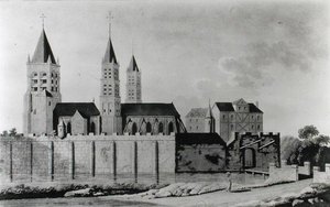 Ansicht der Abtei Saint-Germain-des-Prés zu Beginn des 15. Jahrhunderts (Lithographie) (s/w Foto)
