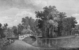 Ansicht der Brücke und des Venus-Tempels in den Gärten von West Wycombe, aus Jardins Anglo-Chinois à la Mode, von George Louis le Rouge, veröffentlicht 1770-87