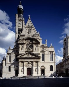 Ansicht der Fassade der Kirche Saint-Etienne du Mont, Place Sainte-Genevieve (Saint Etienne du Mont) in Paris im 5. Arrondissement (gleich wie Leemage Agentur). von French School