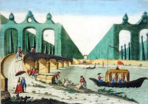 Blick auf die Gärten von Lord Hamilton in Richtung einer Brücke über die Themse bei London