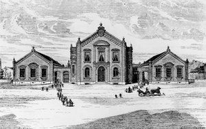 Ansicht der Schulen und des Theaters, Familisterium von Guise, aus Solutions Sociales von Jean-Baptiste Andre Godin, Paris, 1871 von French School