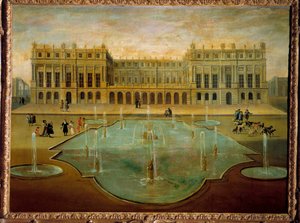 Ansicht des Schlosses von Versailles von der Gartenseite vor 1678 von French School