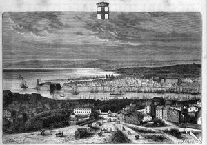 Ansicht der Stadt und des Hafens von Marseille. Gravur von 1880 in „La republique illustree“ private Sammlung