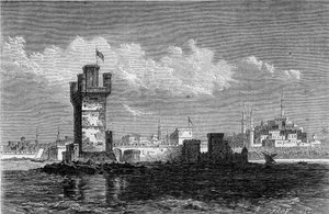Ansicht der Stadt Rhodos (Griechenland) mit dem quadratischen Turm Saint Michel (Saint Michel), zerstört während eines Erdbebens im Jahr 1863. Gravur in „Le Monde Illustré“ Nr. 320 vom 30. Mai 1863 von French School