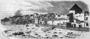 Ansicht des Stadtteils Kastrich in Mainz (Deutschland) nach der Explosion des Pulverfasses im Jahr 1857. Nach einer Fotografie. Gravur in „Le Monde Illustré“ Nr. 36 vom 19. Dezember 1857. von French School
