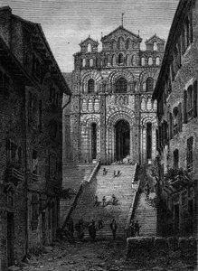 Ansicht der Fassade der Kathedrale Notre Dame du Puy en Velay (Puy-en-Velay), Haute Loire (43) von French School