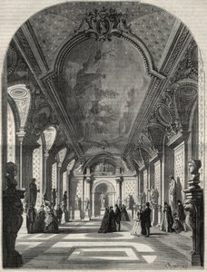 Ansicht des neuen Raums der römischen Kaiser im Musée des Antiques du Louvre. Gravur in „L