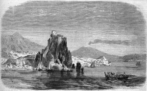 Ansicht der Felsen von „Charybde“ und „Scylla“ in der Meerenge von Messina, Sizilien