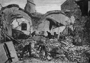 Ansicht der Ruinen der Chiesa del Purgatorio, zerstört während des Erdbebens von 1881 auf der Insel Ischia (Italien). Gravur von Quesnel in „Le Monde Illustré“ Nr. 1254 vom 9. April 1881 von French School