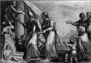 Besuch von Saint Germain von Auxerre in England um 430: Saint Germain, Bischof von Auxerre, der kam, um den Pelagianismus zu bekämpfen, der als Häresie galt. Gravur aus dem 18. Jahrhundert. von French School