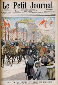 Besuch des Königs und der Königin von Italien in Frankreich. Der König und die Königin von Italien in Frankreich. Spaziergang auf den Boulevards mit dem Präsidenten der Französischen Republik Emile Loubet - Illustration für Le Petit Journal, 25. Oktober 19 von French School