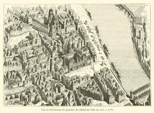 Vogelperspektive des Viertels des Hotel de Ville von 1765 bis 1778 von French School