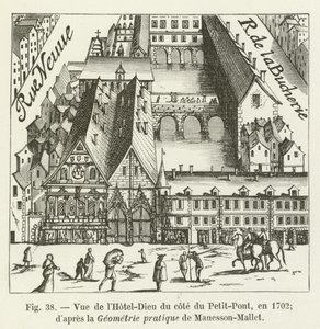Ansicht des Hôtel-Dieu von der Seite der Petit-Pont im Jahr 1702, nach der Geometrie pratique von Manesson-Mallet von French School
