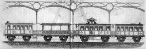 Waggons, die von Kaiser Napoleon III. (1808-1873) während der Reise von Paris nach Cherbourg im Jahr 1858 besetzt wurden. Gravur in „Le Monde Illustré“ Nr. 70 vom 14. August 1858. von French School