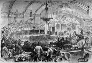 Krieg von 1870 - Parlamentswahl während des Waffenstillstands - Februar 1871: Wahlversammlung im Cabaret des Folies Bergeres in Paris zur Proklamation der Kandidaten für die Nationalversammlung. Gravur in „Le Monde Illustré“ Nr. 722 vom 11. Februar 1871