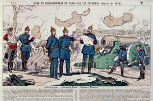 Krieg von 1870: Belagerung und Bombardierung der Stadt Paris durch die Preußen. Der preußische König Wilhelm I. (1797-1888), General Moltke (1800-1891) und Kanzler Otto von Bismarck (1815-1898) beraten sich. Gravur von 1870. Paris, Musee Carnavalet